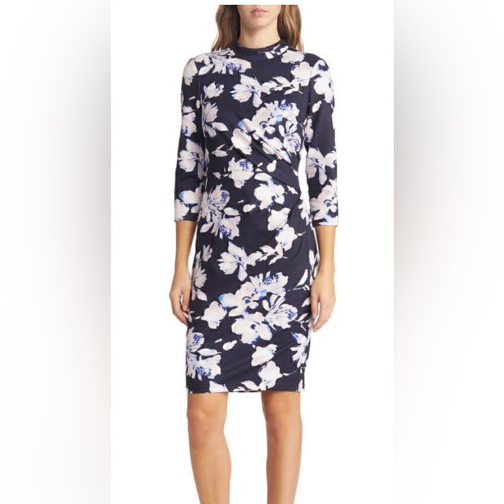 Mock Neck Drape Detail Sheath Dress
Eliza J